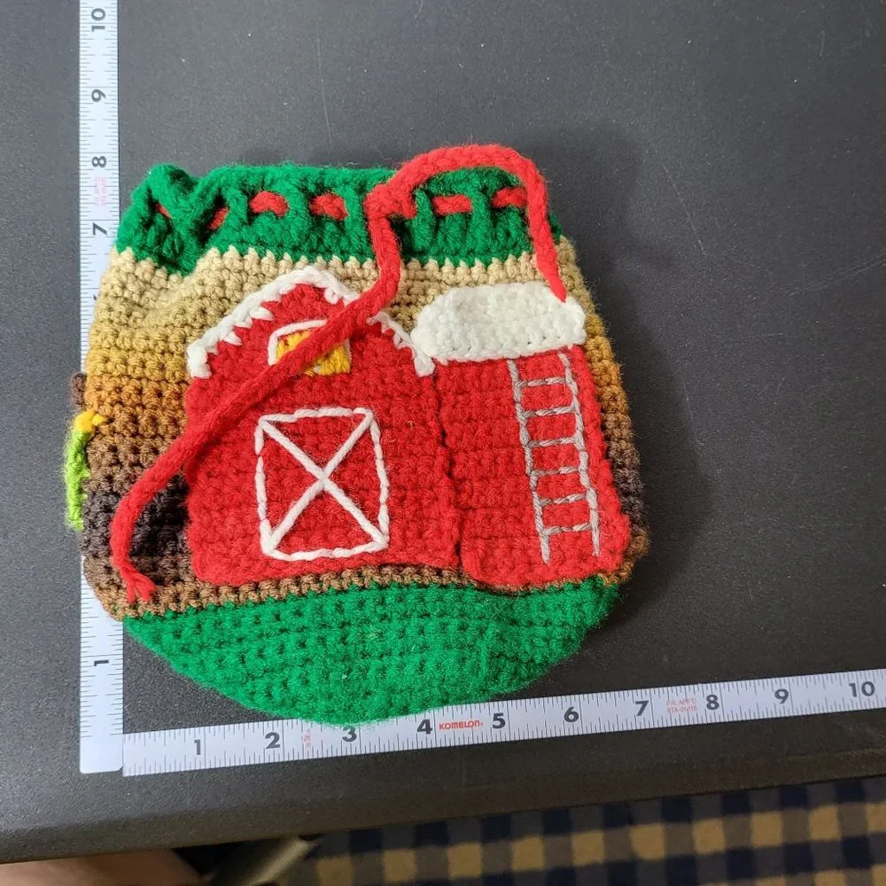 Handmade Crochet Drawstring‎ Pouch Bag Farm Themed Barn and Tractor with Farmer